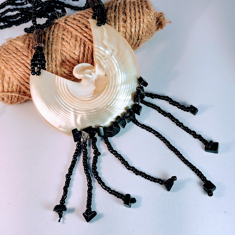 Vintage Shell Abalone Black Jet Seed Beaded Statement Necklace Handmade